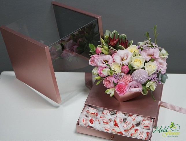 Heart-shaped Box with Flowers and ''Raffaello'' Chocolates photo